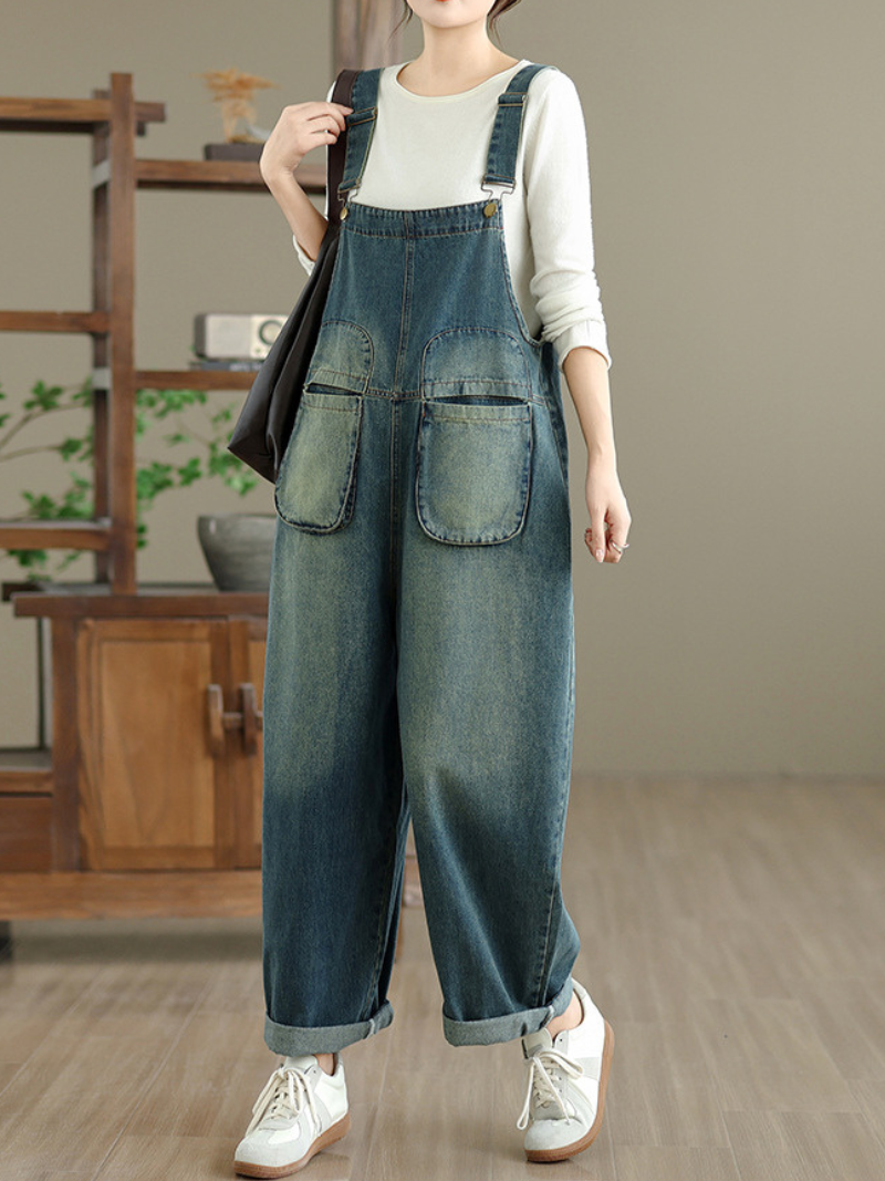 Vintage Wide-Leg Denim Overalls with straps & Pockets | Eva Trends