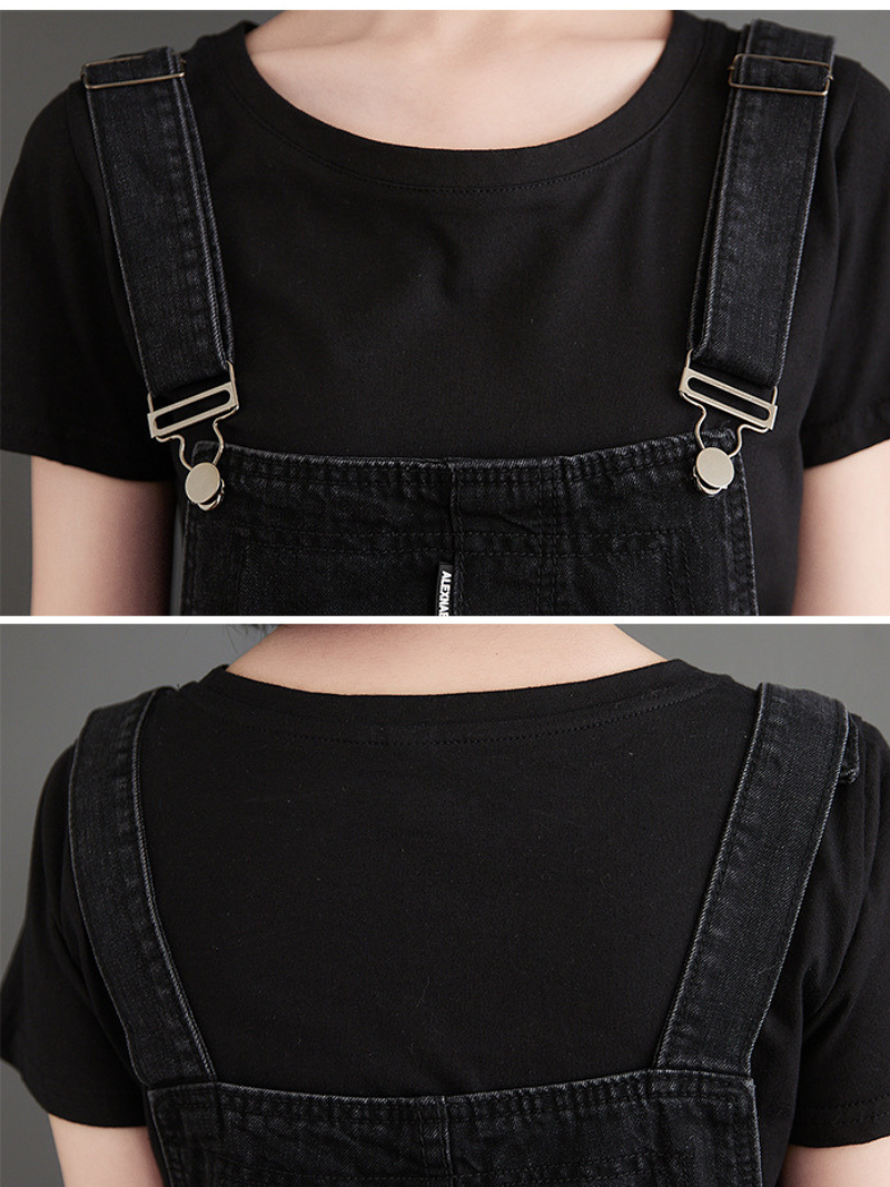 Women's Black Denim Overalls with Side Button Closure