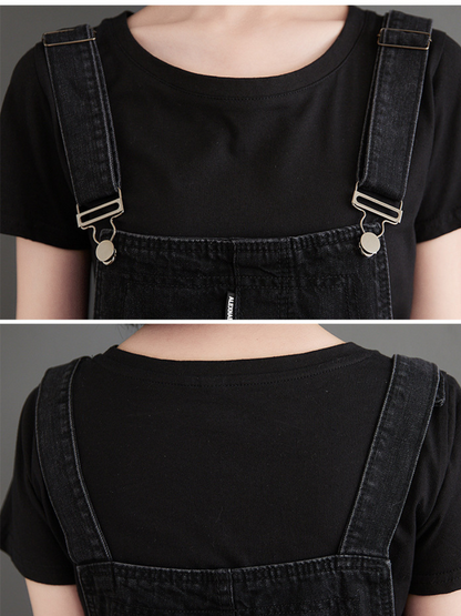 Women's Black Denim Overalls with Side Button Closure