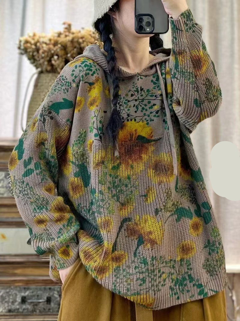 Women's Classic Everyday Wear Hooded Floral Printed Sweater