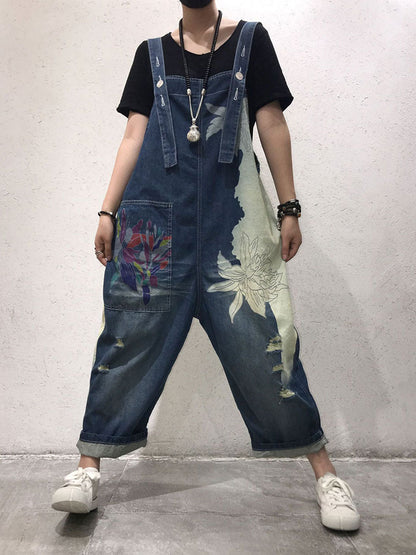 Artistic Floral Denim Dungarees - Distressed Wide-Leg Fit