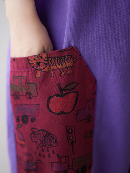 Relaxed Fit Purple Overalls with Contrast Pattern Pockets