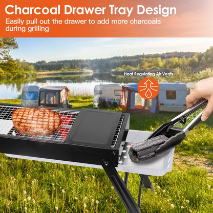 Foldable Charcoal BBQ Grill with Pullout Ash Drawer Tray