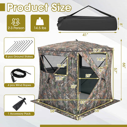2-3 Person Pop-Up Hunting Blind – 270° View, Blackout Cloth, Storage Pocket