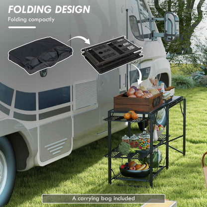 Folding Camp Kitchen Cooking Station with Lamp Stand, Shelves & Utensil Hooks