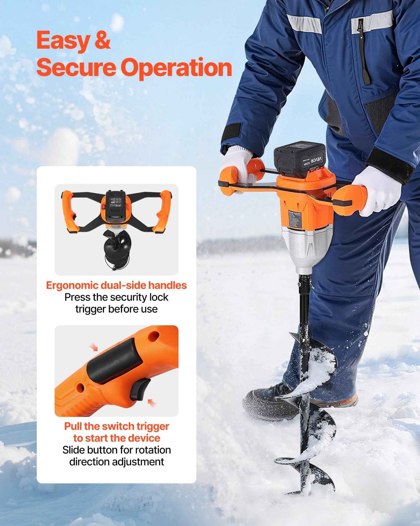 20V Cordless Electric Ice Auger | 8" 2-in-1 Ice & Earth Drill, Brushless Motor