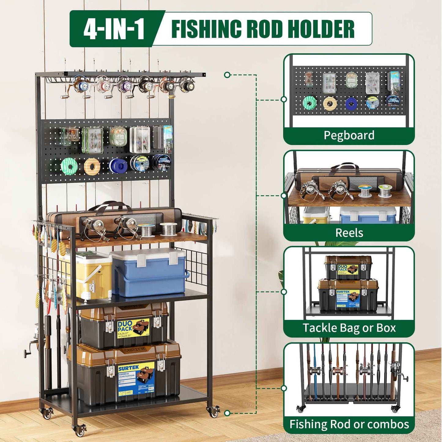 Rolling Fishing Rod & Tackle Organizer Cart with Pegboard – Multi-Tier, Lockable Wheels