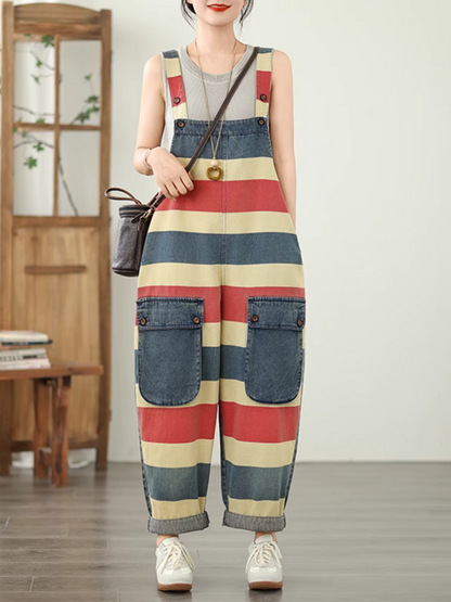 Trendy Striped Denim Cotton Overalls with Pockets - Eva Trends