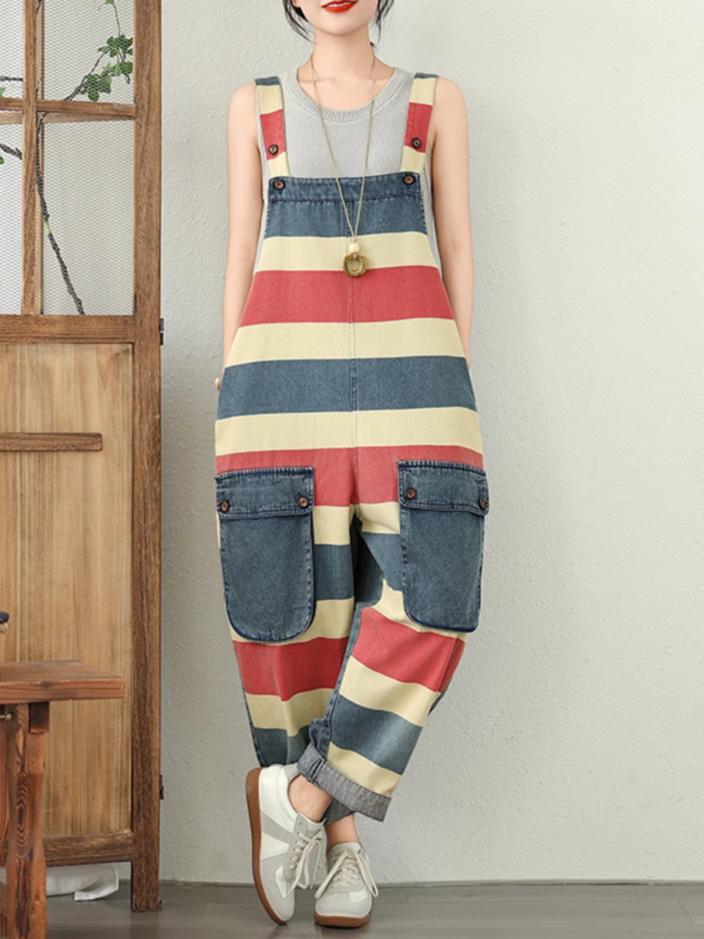 Trendy Striped Denim Cotton Overalls with Pockets - Eva Trends