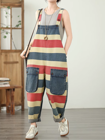 Trendy Striped Denim Cotton Overalls with Pockets - Eva Trends