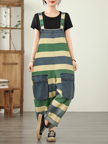 Trendy Striped Denim Cotton Overalls with Pockets - Eva Trends