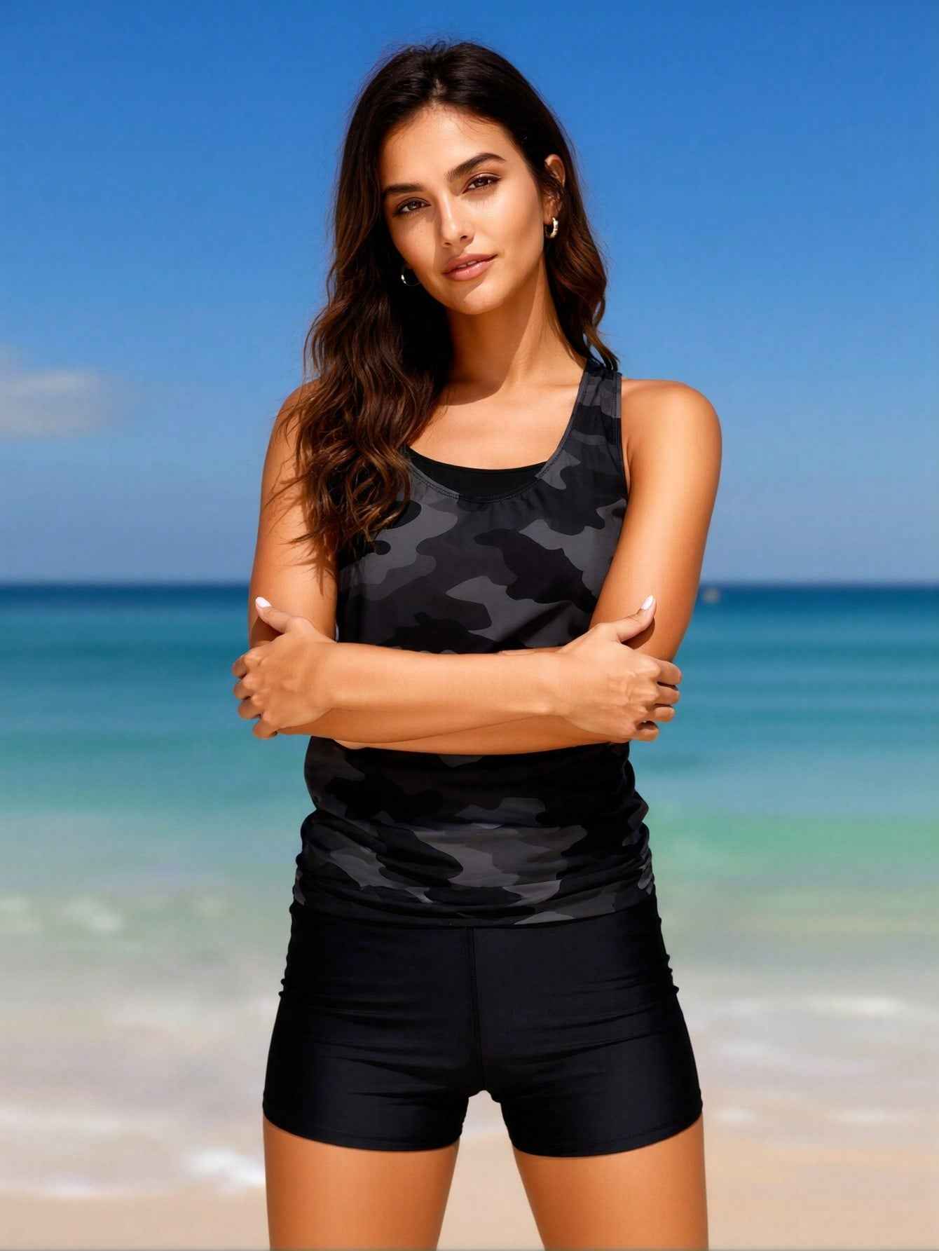 Women's Black & Grey Camo Boyleg Two-Piece Swimsuit