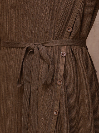 Solid Color Collar A-Line Dress with Thin Belt for Women