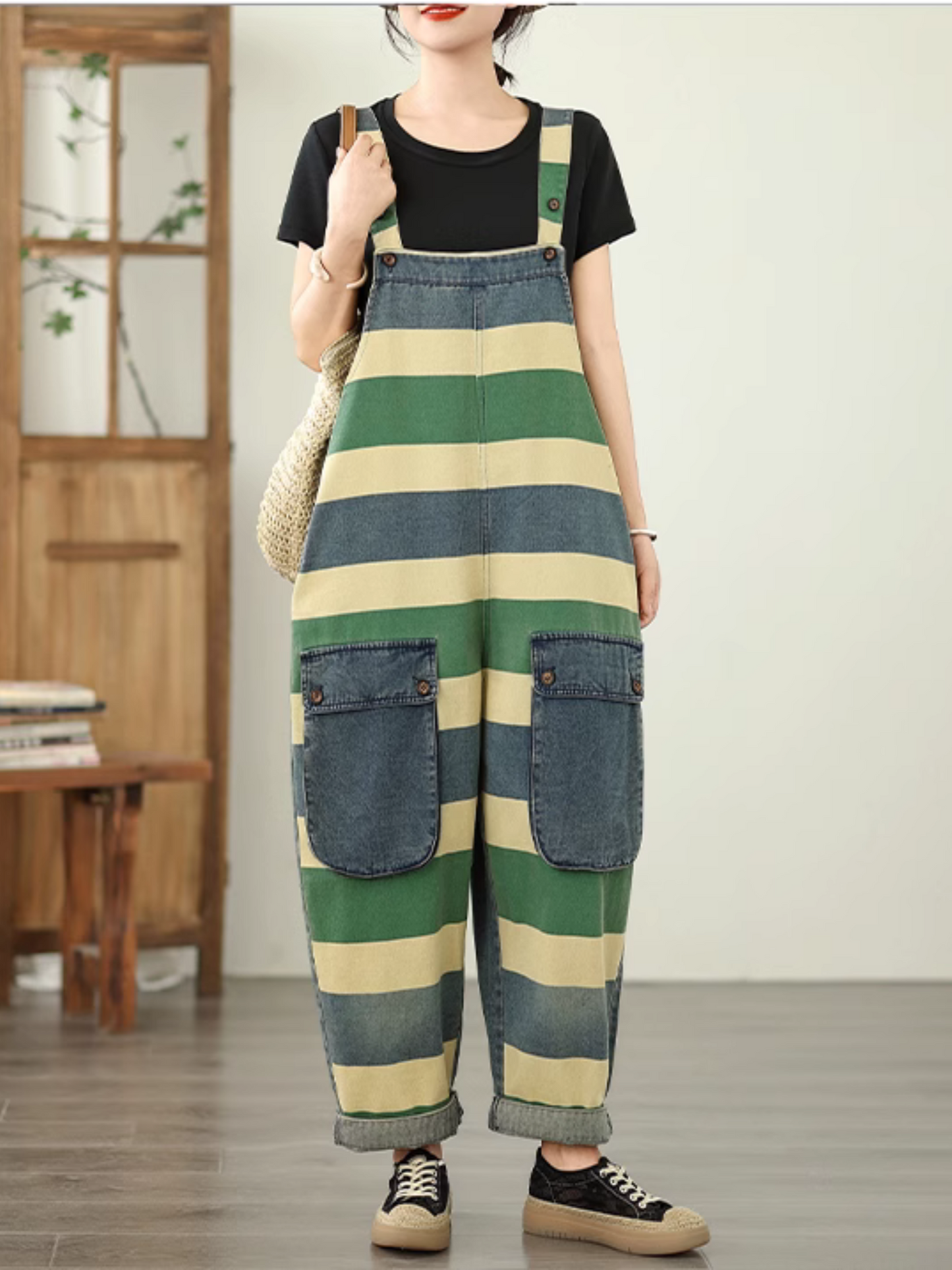 Trendy Striped Denim Cotton Overalls with Pockets - Eva Trends