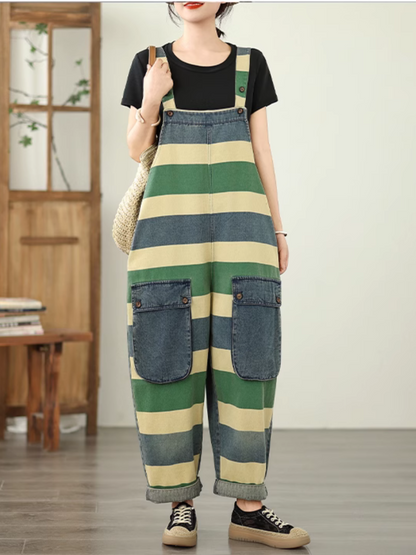 Trendy Striped Denim Cotton Overalls with Pockets - Eva Trends