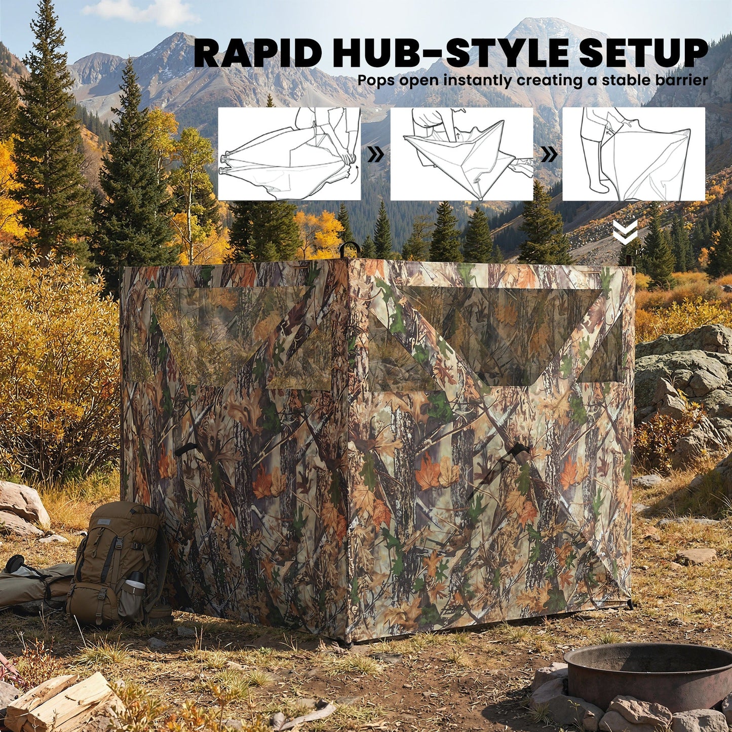 3-Panel Pop-Up Hunting Blind | 176" One-Way See-Through Camo Blind with Storage Pockets