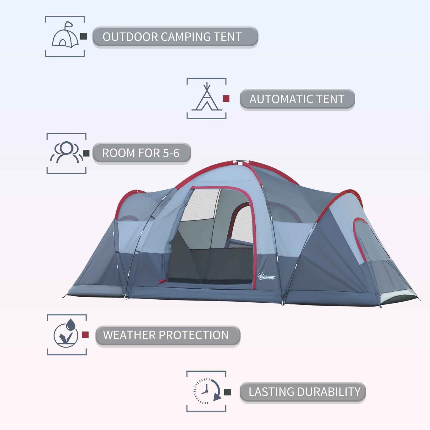5–6 Person Family Camping Tent – Double-Layer with Removable Rainfly, Mesh Top & Carry Bag | Grey