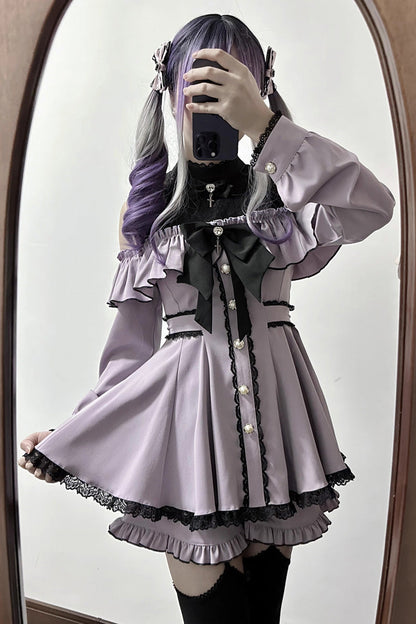 Black Long Sleeves Ruffle Stitching Lace Jirai Kei Japanese Strapless Dress Set