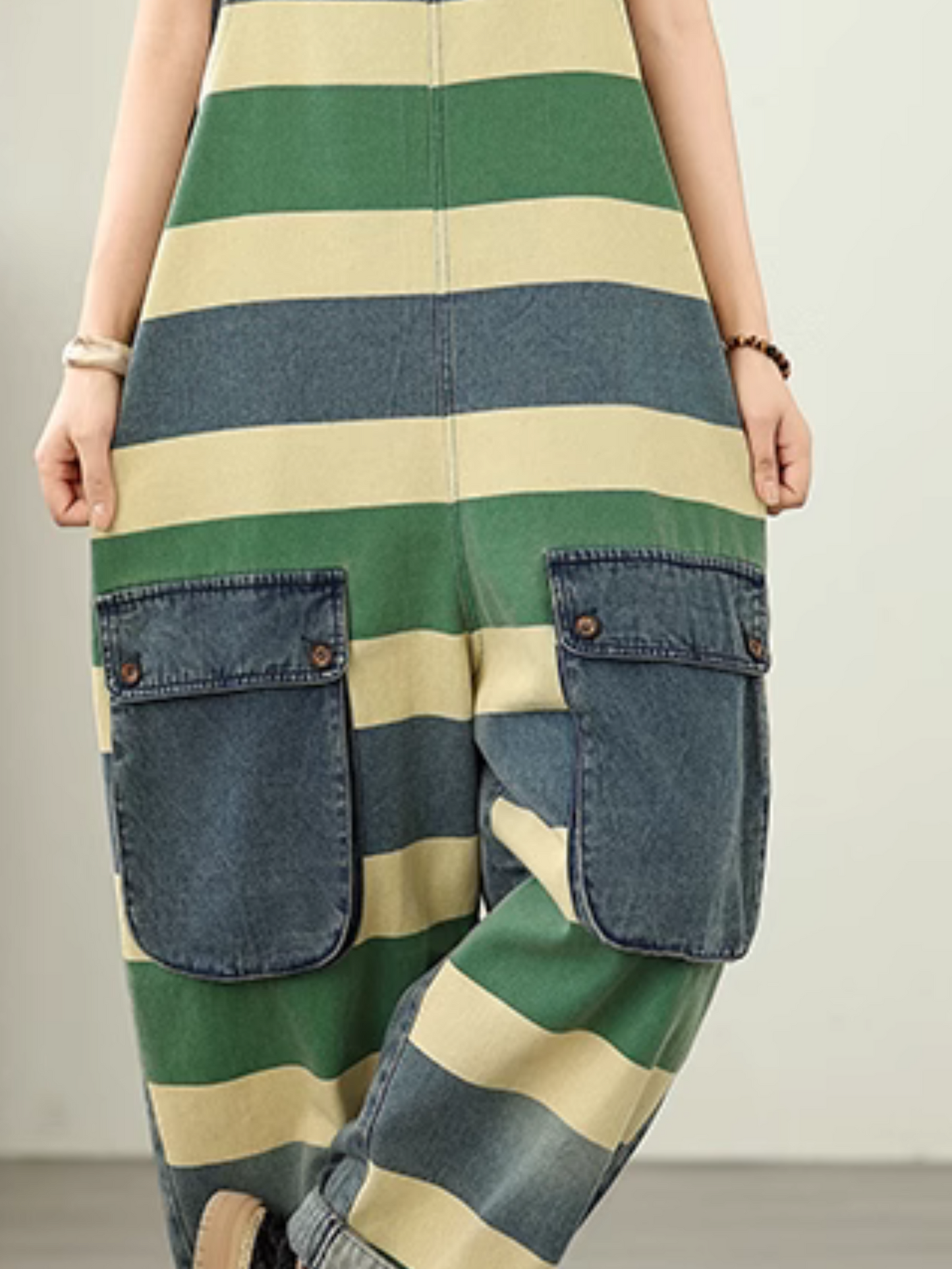 Trendy Striped Denim Cotton Overalls with Pockets - Eva Trends