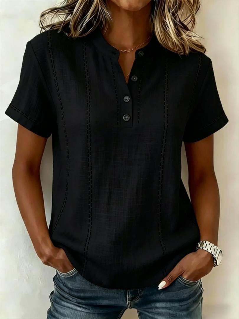 Women's Striped Short-Sleeve V-Neck Button Blouse – Minimalist Casual Top