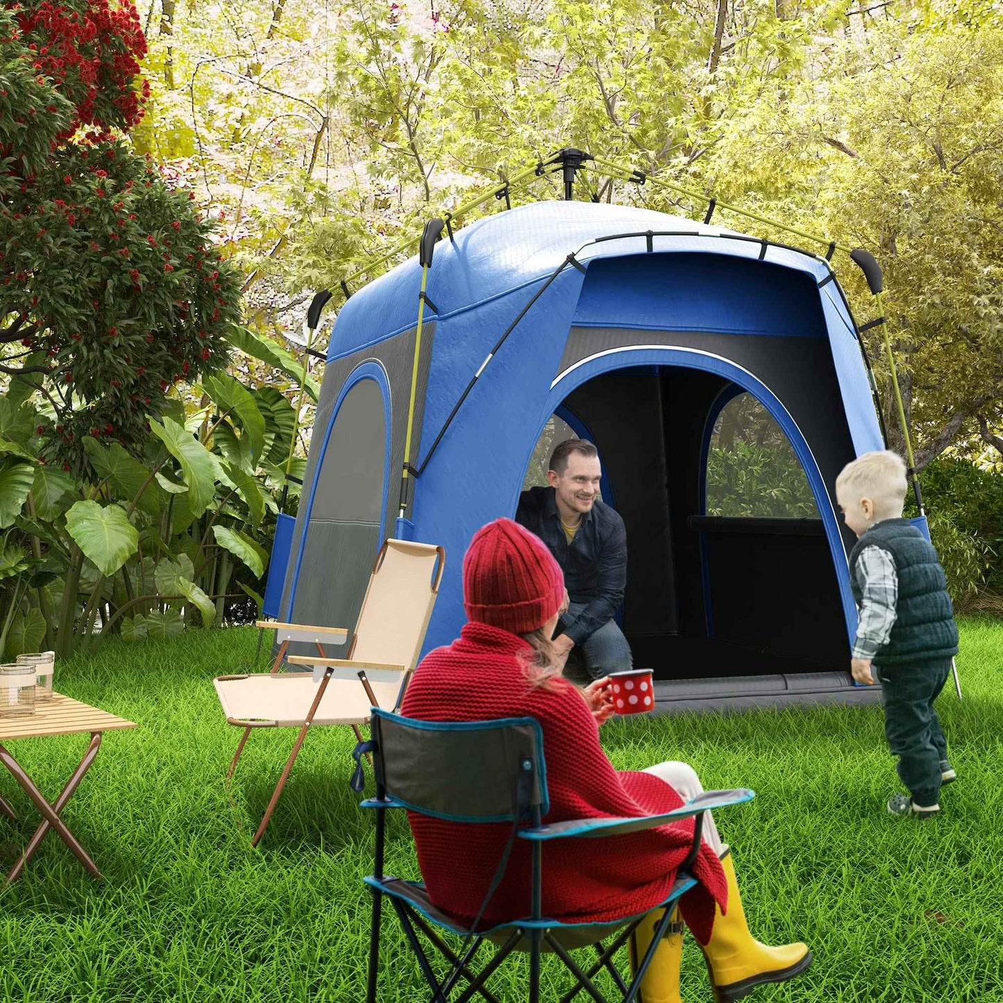 3-4 Person Pop-Up Camping Tent – Automatic Setup, 4 Doors, Water-Resistant