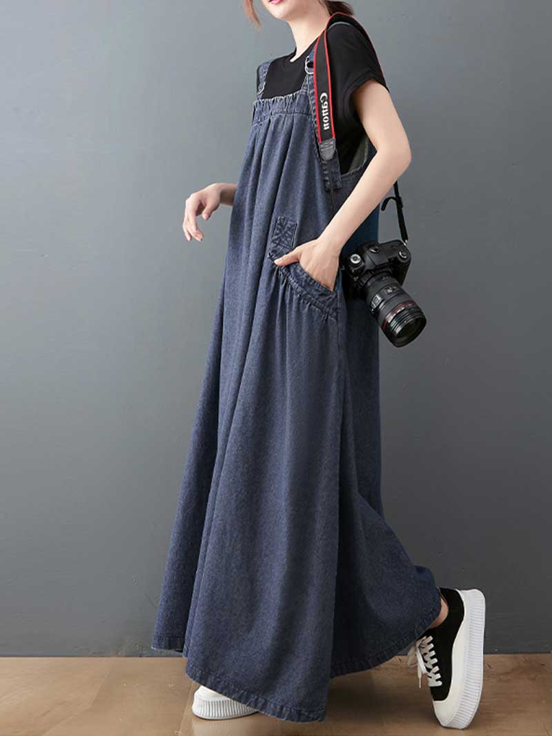 Plain Denim A-Line Salopette Dress - Comfortable Everyday Style | Eva Trends