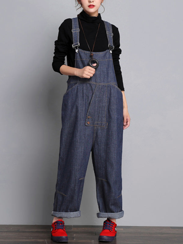 Dark Blue Denim Overalls - Buckle Strap Design