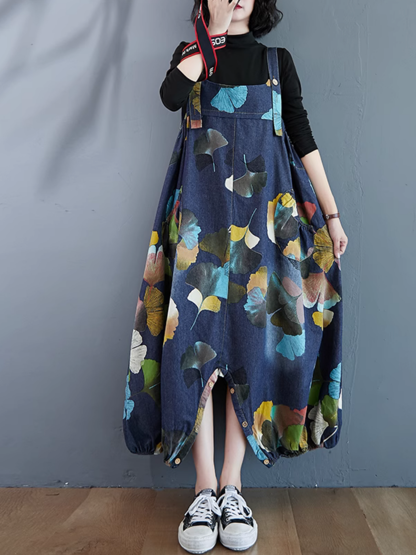 Flowy & Artistic Leaf Print Denim Dungarees for Women | Eva trends