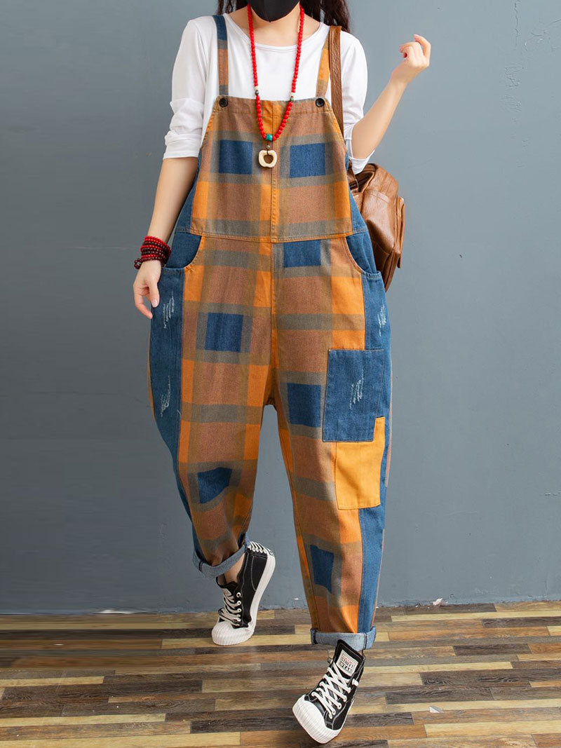 Patchwork Check Denim Dungarees |  Rolled-Hem Utility Fit