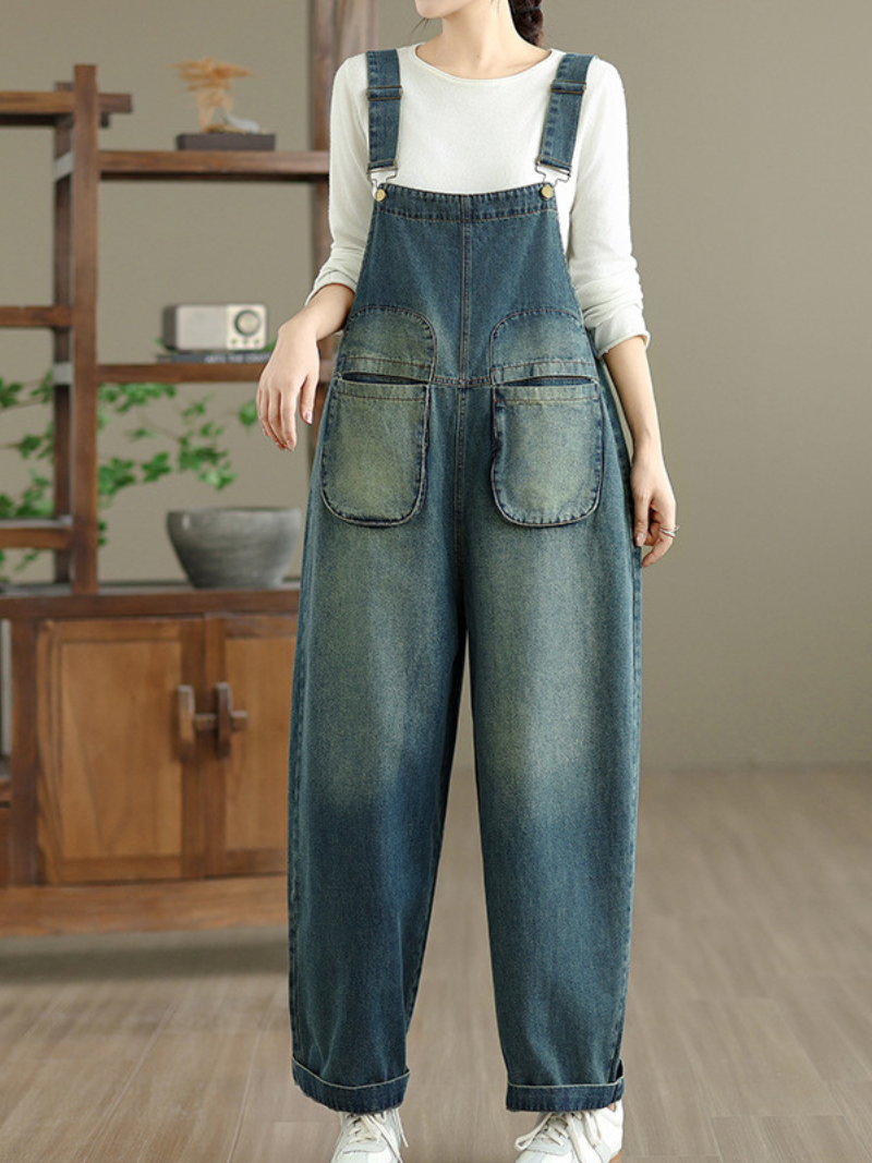 Vintage Wide-Leg Denim Overalls with straps & Pockets | Eva Trends