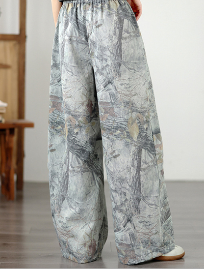 Women's Artful Wide-Leg Denim Cotton Pants with Elastic Drawstring Waist