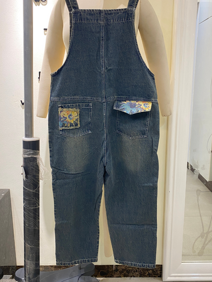 Sunflower Print Denim Dungarees - Utility Pocket Style