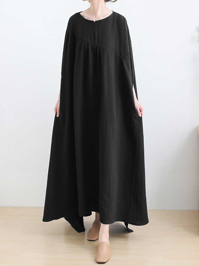 Plain Cotton Round-Neck Bat Sleeves Kaftan Dress