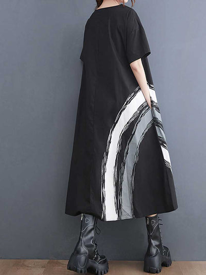 Artsy Asymmetric Brushstroke Midi Dress with Ruffle Panel in Black