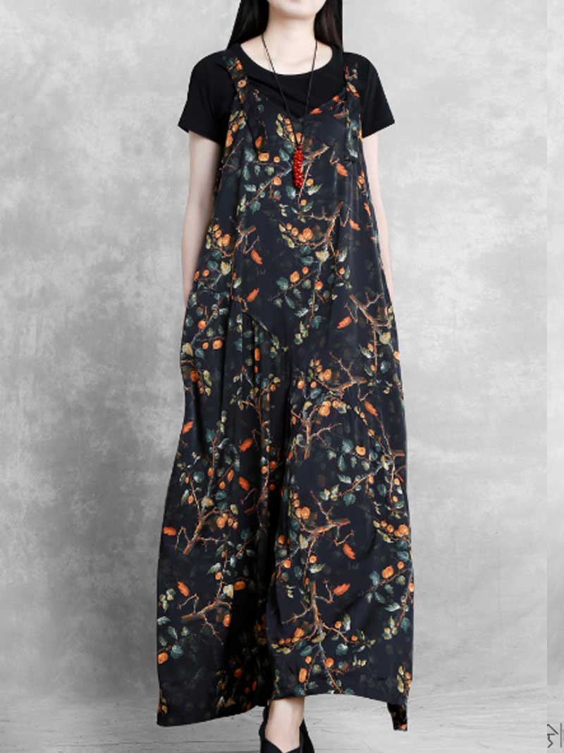 Botanical Print Silk Jumpsuit - Flowing Wide Leg Design