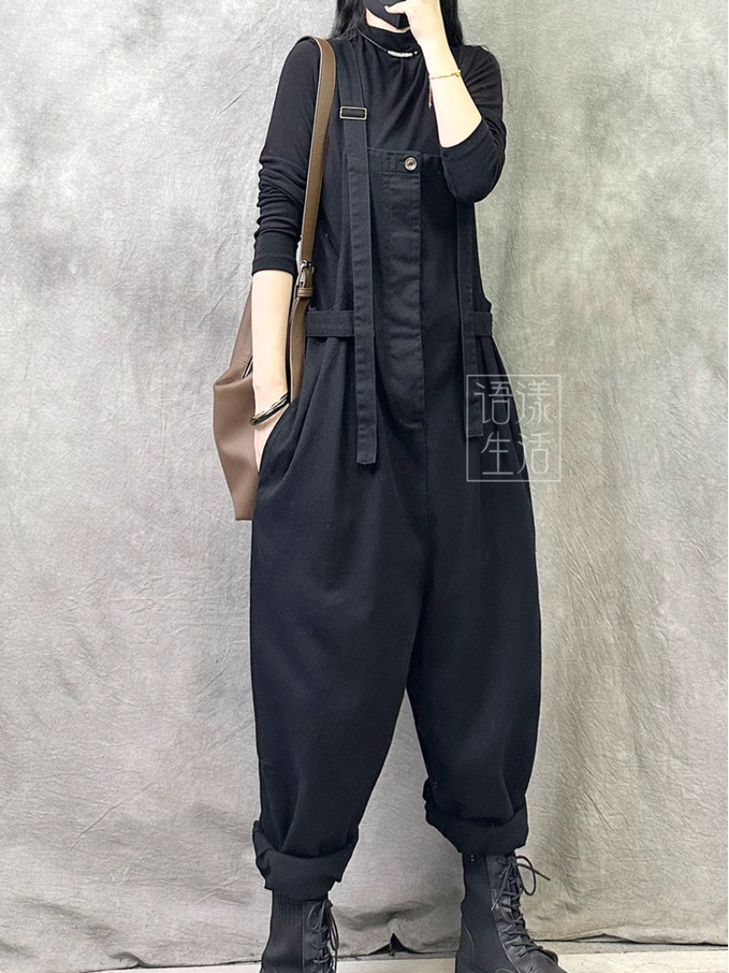 Women's Loose Barrel Leg Overalls with Side Buckle Straps