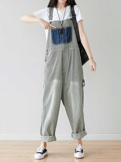 Grey Patch Denim Overalls with Adjustable Straps for Women
