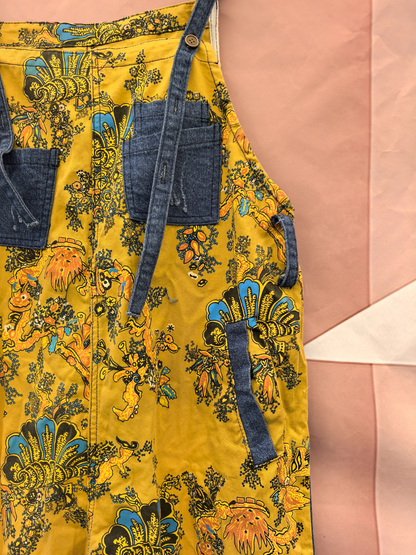 Boho Vintage Print Dungarees with Denim Panels - Cropped Loose Overalls