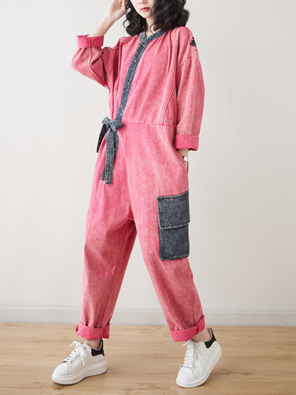 Loose Fit Women's Denim Dungarees Jumpsuit with Tie Suit - Eva Trends