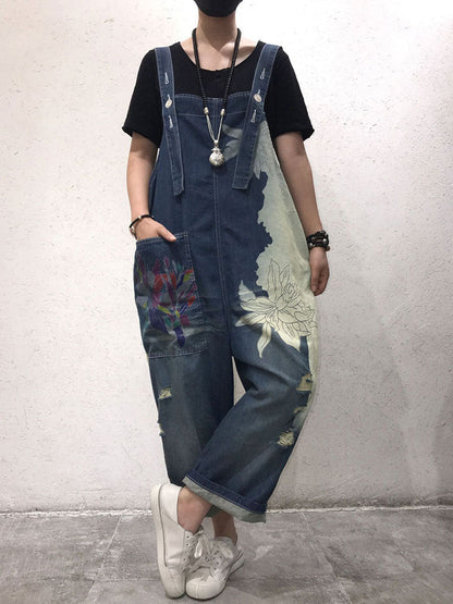 Artistic Floral Denim Dungarees - Distressed Wide-Leg Fit