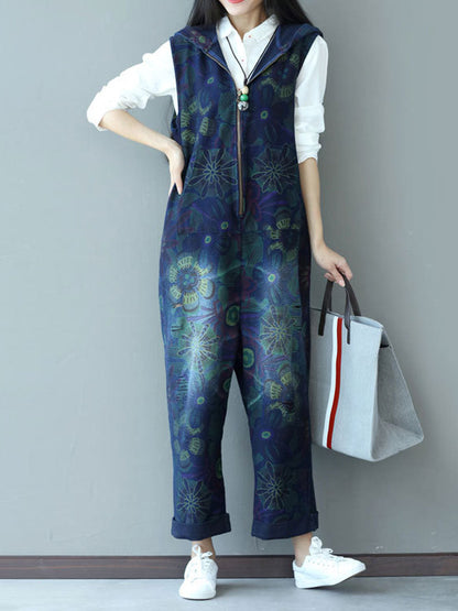 Abstract Floral Zip Dungarees - Sleeveless Rolled-Hem Fit