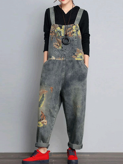 Nature Print Denim Overalls - Relaxed Fit Dungarees
