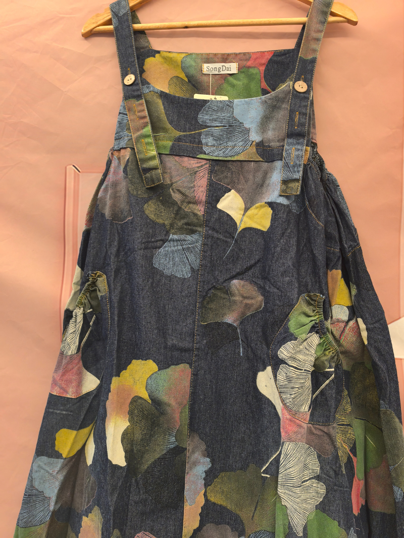Flowy & Artistic Leaf Print Denim Dungarees for Women | Eva trends