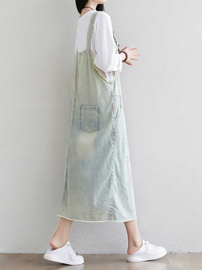 Women's Distressed Denim Midi Overall Dress - Comfortable Everyday | Eva Trends
