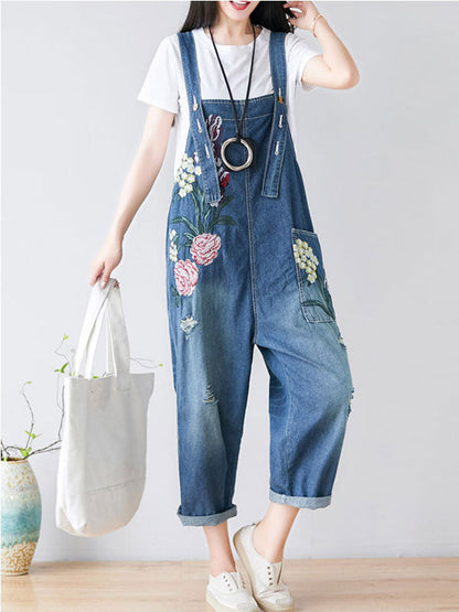 Floral Embroidered Denim Overalls - Relaxed Fit