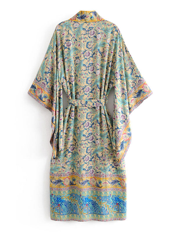 Women's Long Kimono Floral Print Green Color Cotton Viscose Long Length Gown Kimono Duster Robe