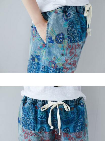 Women's Summer Perfect & Comfy Baggy Style Printed Denim Bottom