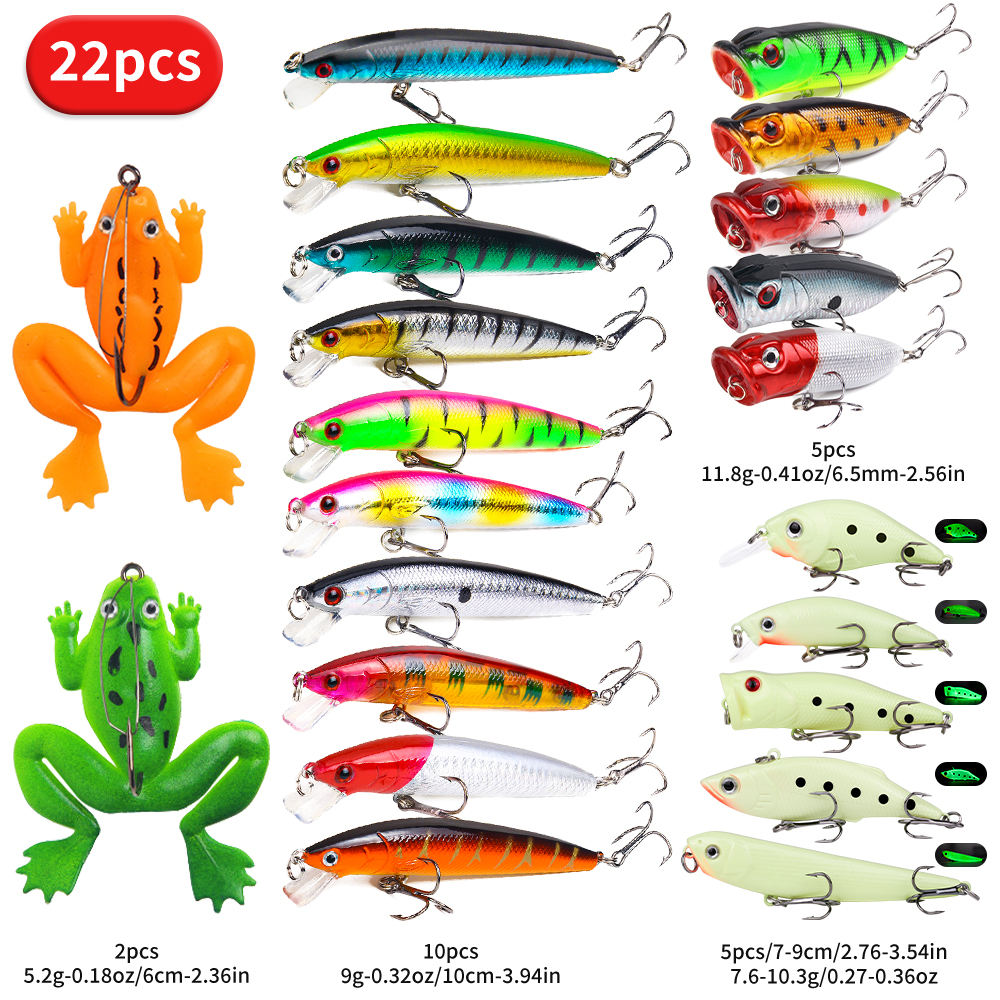 22-Piece Hard & Soft Fishing Lure Set – Popper, Minnow, Frog, VIB, Pencil, 100mm