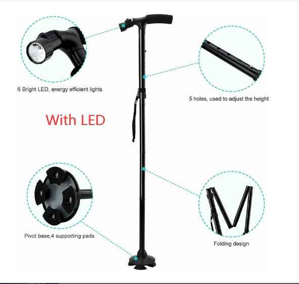 Folding Walking Cane with LED Flashlight – 5 Adjustable Heights, 360° Anti-Slip Base for Hiking & Travel