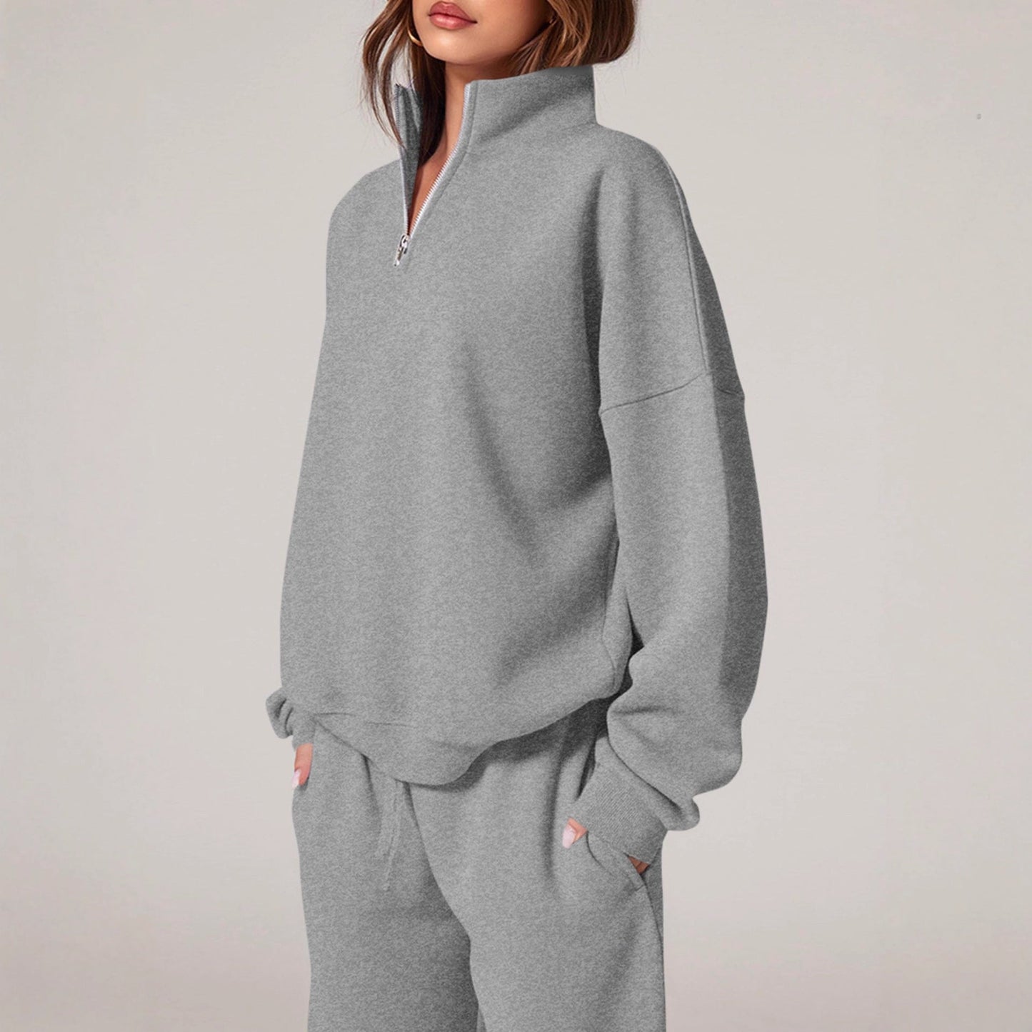 Women's Half-Zip Sweatshirt & Straight-Leg Pants Set – Matching Casual Loungewear